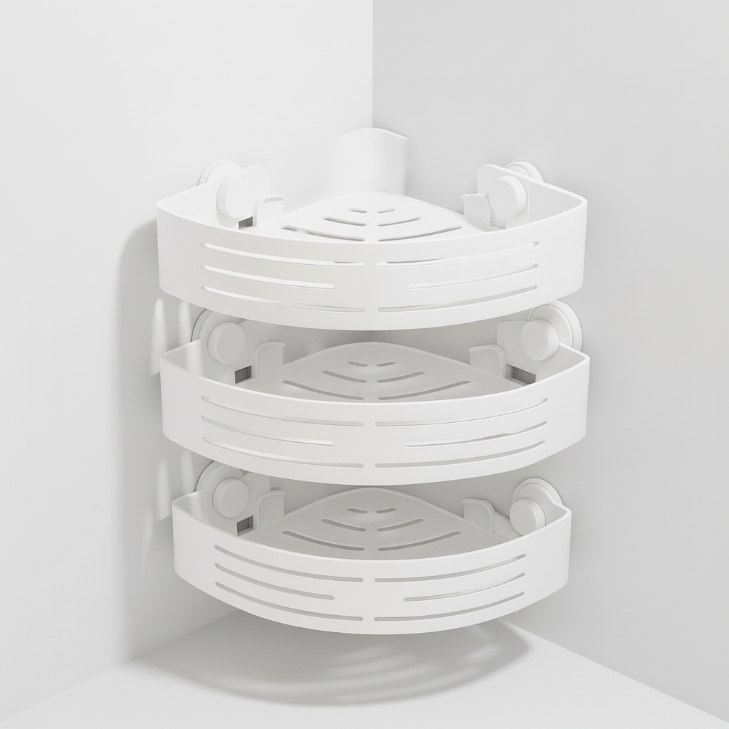 Elegant wood-look three-tier shower caddy. Rust-resistant no-drill corner organizer for modern bathroom storage.