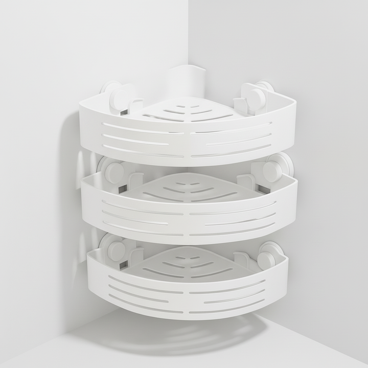 Elegant wood-look three-tier shower caddy. Rust-resistant no-drill corner organizer for modern bathroom storage.