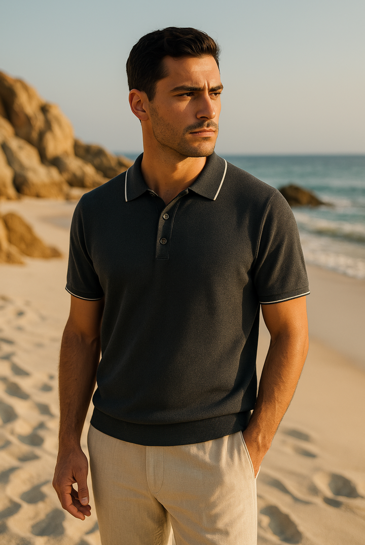 Dark grey men's cashmere-merino tailored polo shirt, refined for classic spring-summer style and comfort.