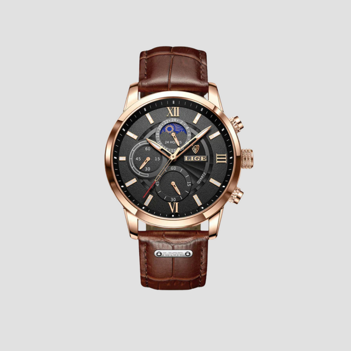 Elegant Davion men's quartz watch featuring a black leather strap, polished silver casing, and clear analog display.