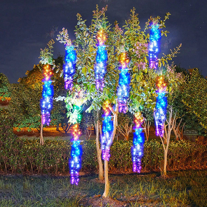 Long-lasting LED meteor shower lights, ideal weatherproof outdoor lighting for garden parties & holiday decor.