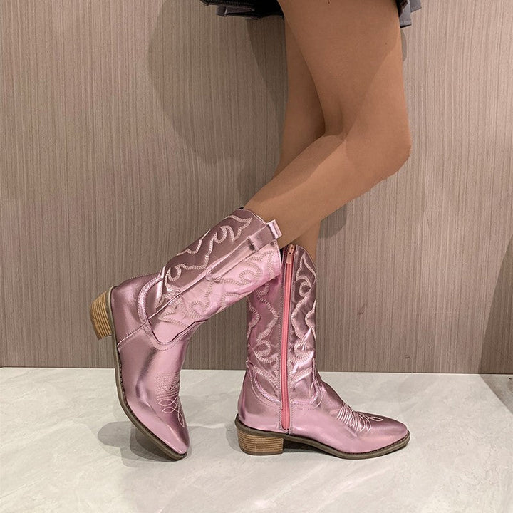 Close-up of Aurora metallic western boots for women, showcasing dazzling sparkle & fashion-forward design.