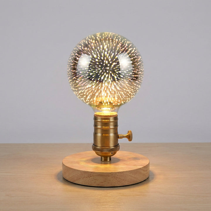 Decorative 3D Flame Bulb, Auraflare LED lamp, glowing in a dark room, providing cozy ambient light.