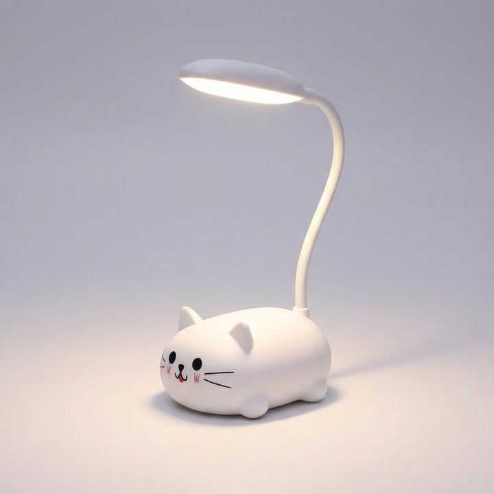 Functional Deskpurr cat LED desklamp, USB chargeable, provides bright light for reading or work.