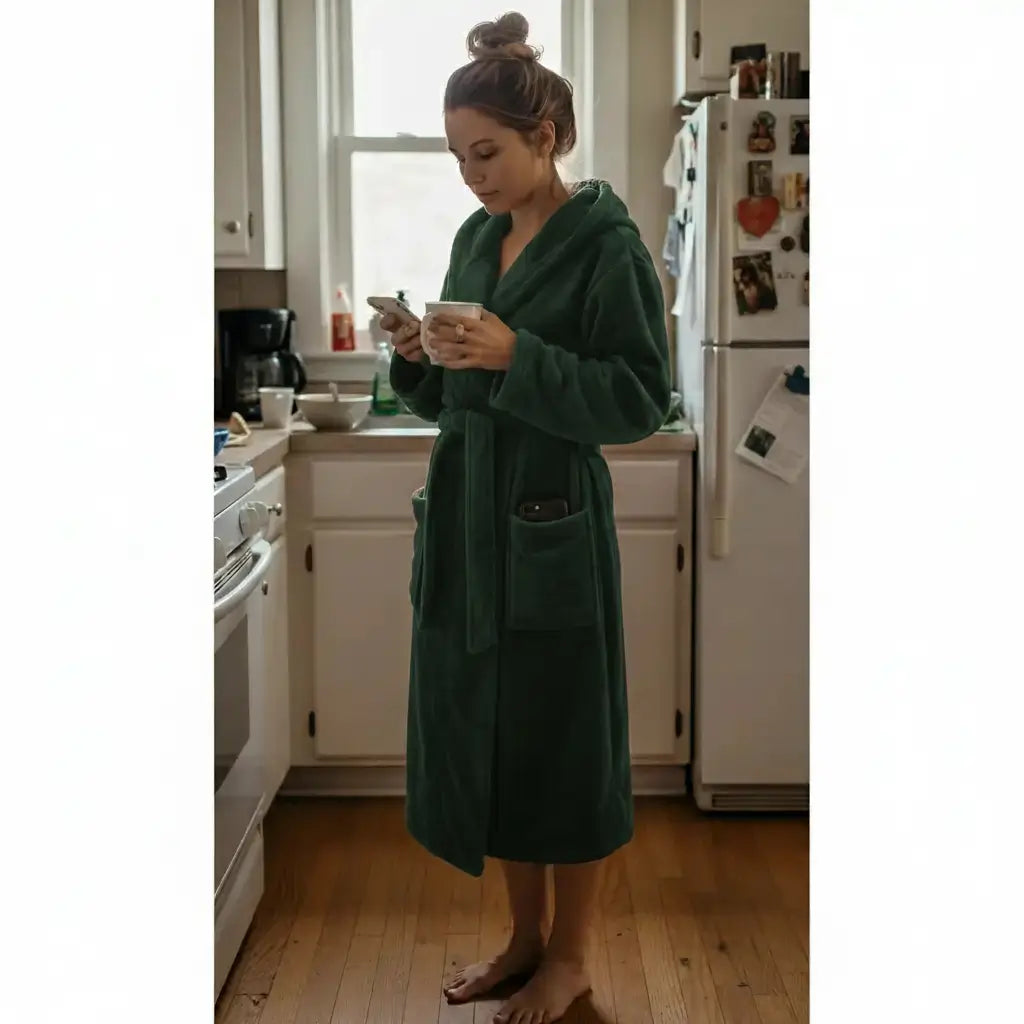 Dark Green - Women's Fleece Hooded Bathrobe