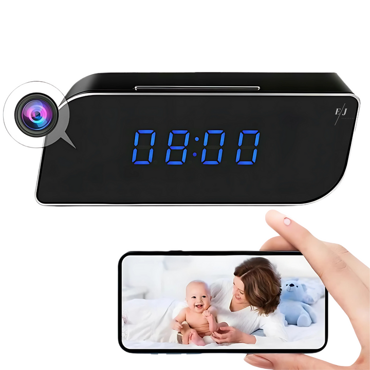 Digital alarm clock with hidden HD camera for discreet home security & surveillance.