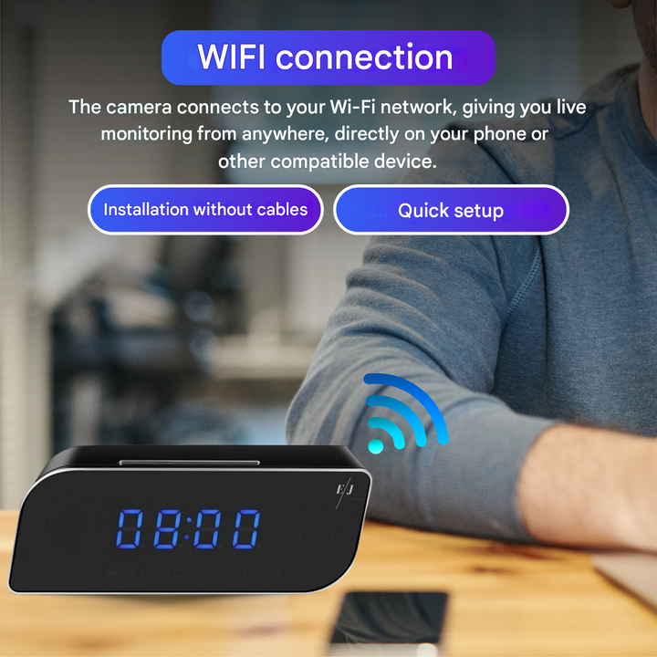 Stealthy spy camera alarm clock ensures discreet home security with HD recording & live view.