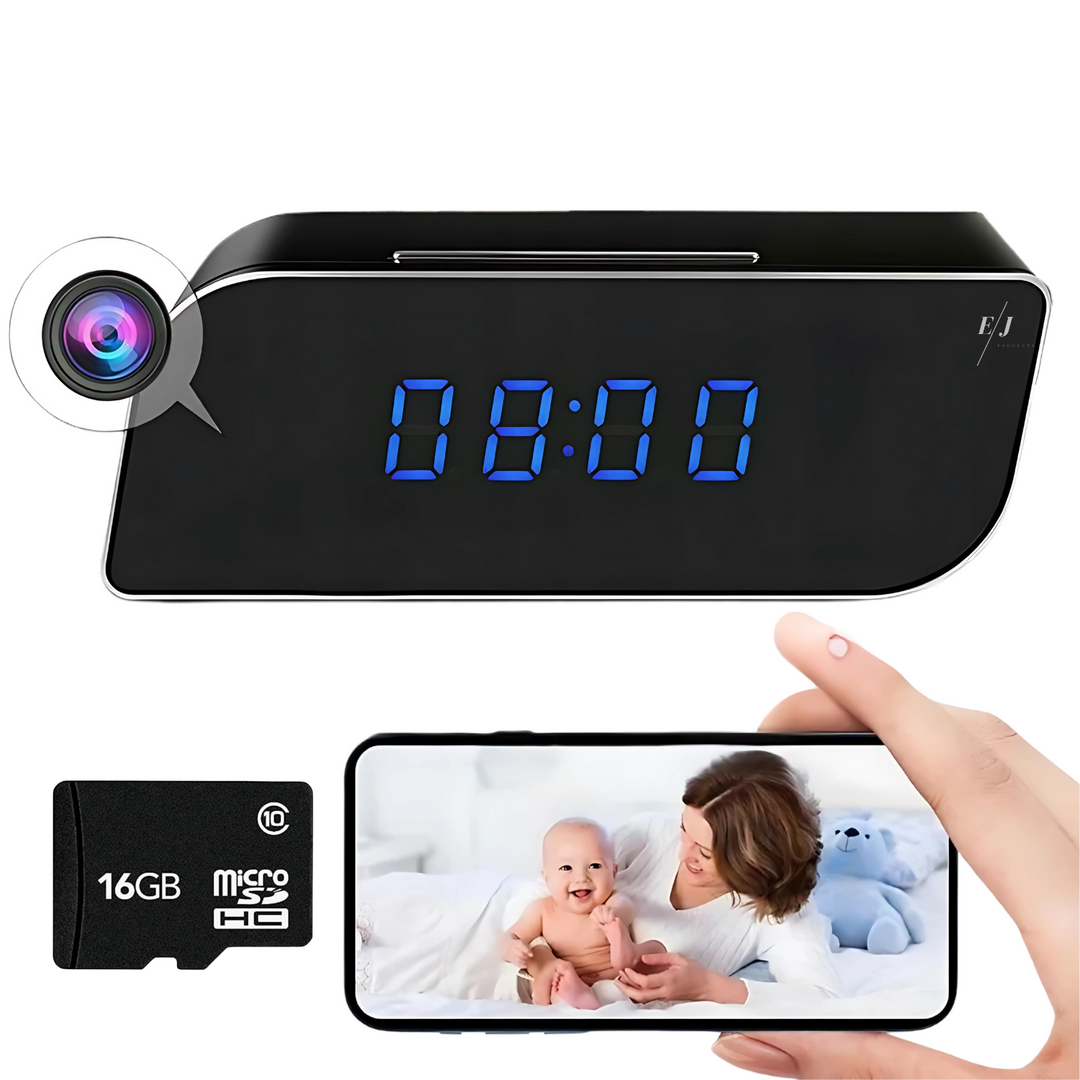 Discreet spy camera alarm clock with night vision & motion detection for covert home monitoring.