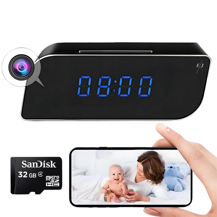 Home security camera disguised as a digital alarm clock, offering live stream & HD video.