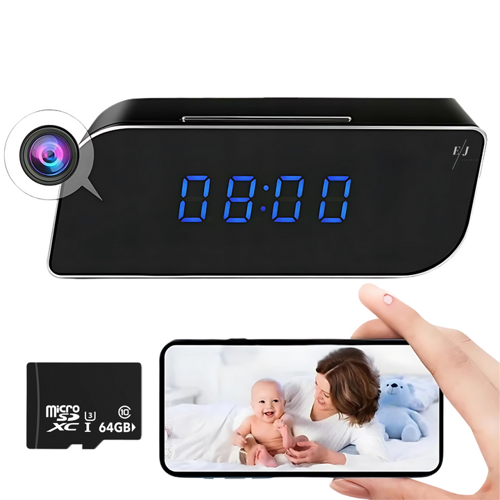 Sleek digital alarm clock featuring a hidden security camera for discreet surveillance and peace of mind.