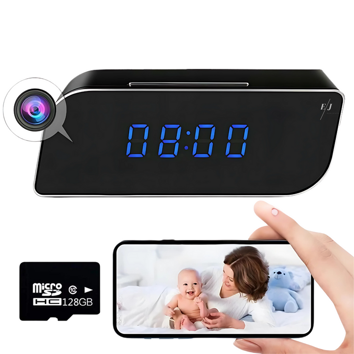 HD hidden camera in alarm clock with motion detection, night vision, and live streaming for security.