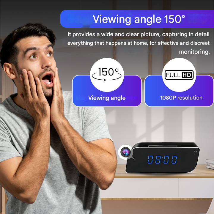 Alarm clock with advanced hidden camera: motion detection, night vision, & remote live stream for security.