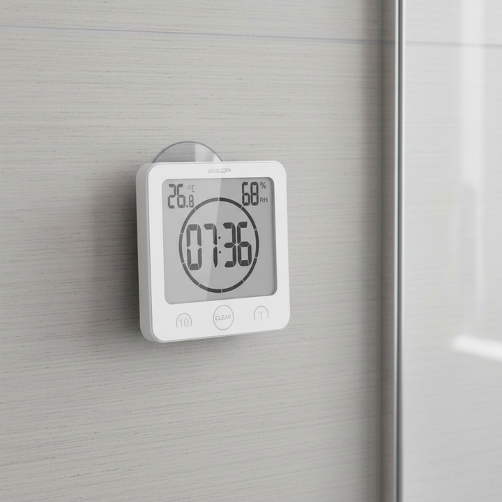 Digital shower timer with large display and suction cup, promoting water saving