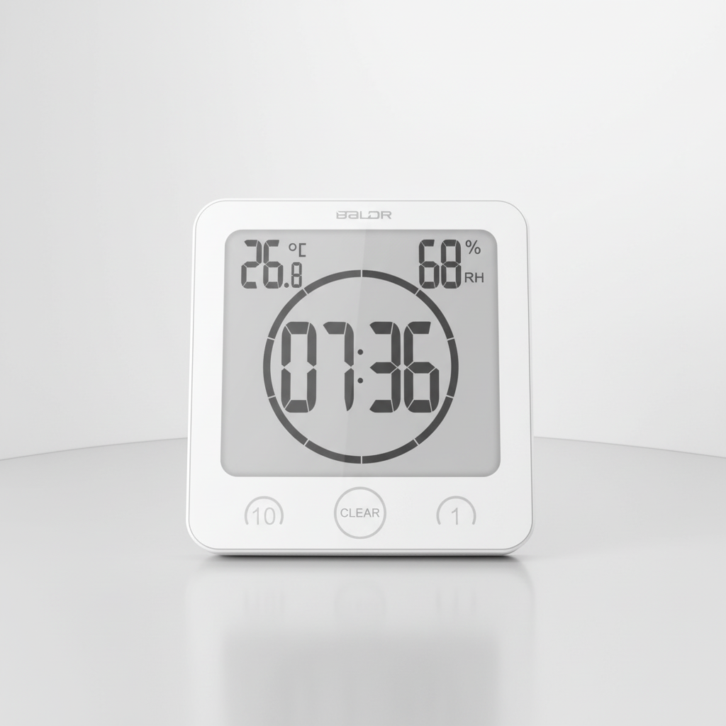 Waterproof SplashClock shower timer with suction mount, ideal for eco-friendly bathrooms