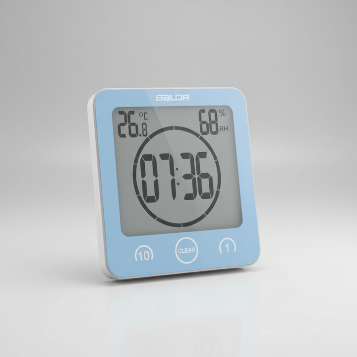Shower timer with integrated suction cup, highlighting its compact design and water-saving feature