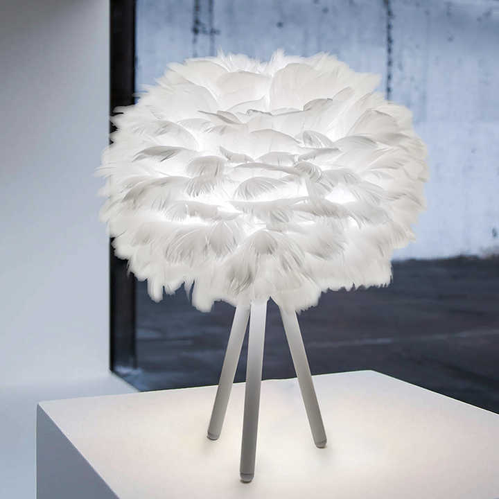 White feather table lamp, dimmable for versatile lighting, adding an elegant and luxurious touch to space.