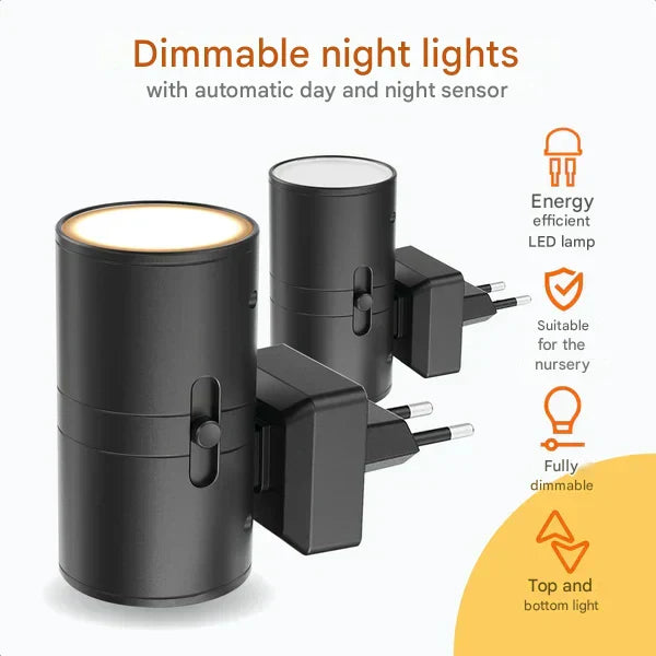 Compact dimmable LED night light with an automatic sensor, providing soft, warm light for any indoor living space.