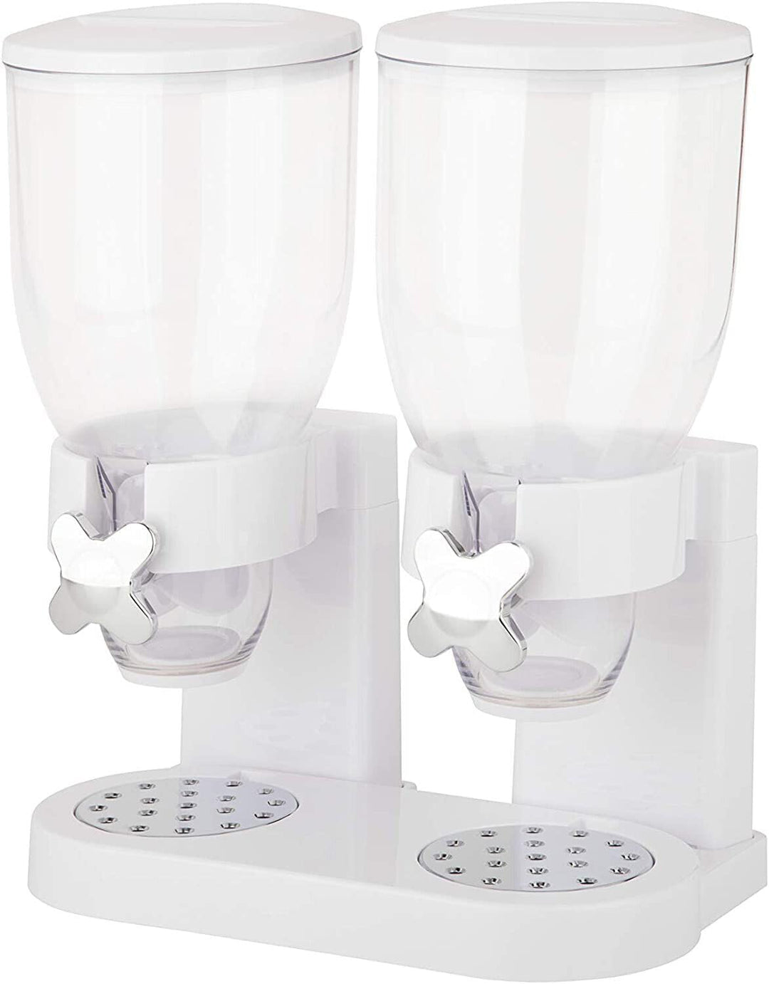 Double cereal dispenser by PortionMate, clear acrylic, showing various dry foods