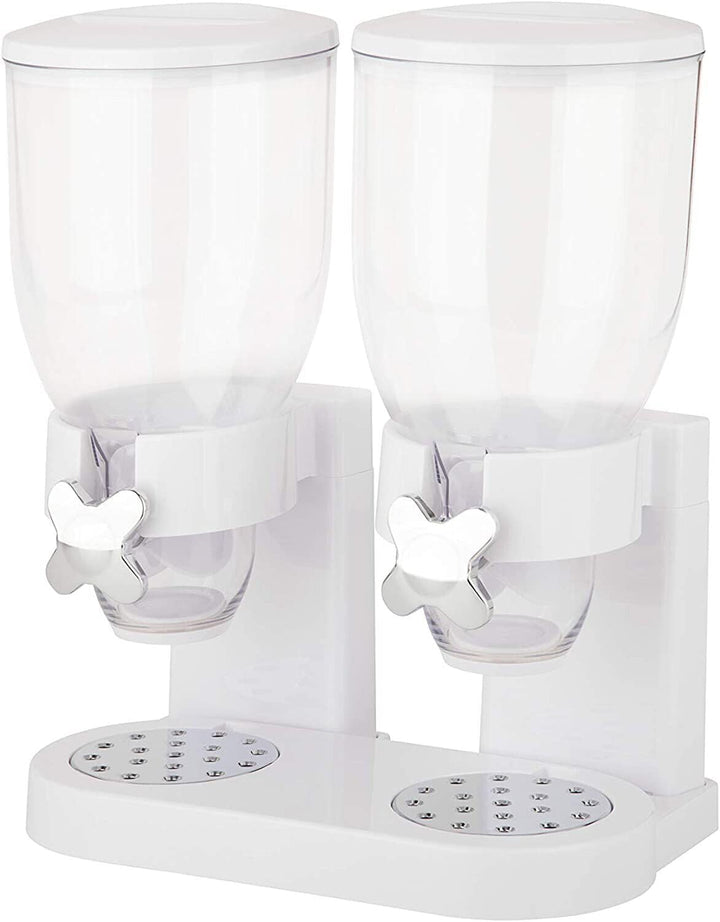 Double cereal dispenser by PortionMate, clear acrylic, showing various dry foods