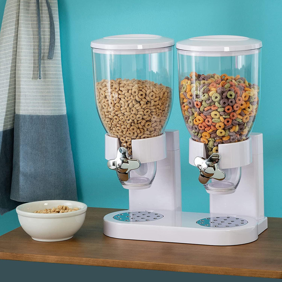 PortionMate double food dispenser for cereal and snacks, with rotating knobs for portion control