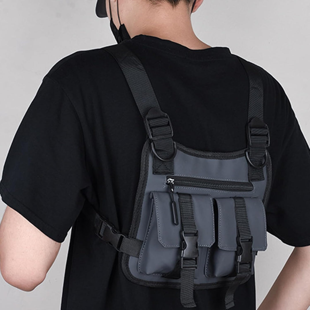 Lifestyle shot of Dravon men's adjustable multi-pocket vest, urban setting, outdoor accessory