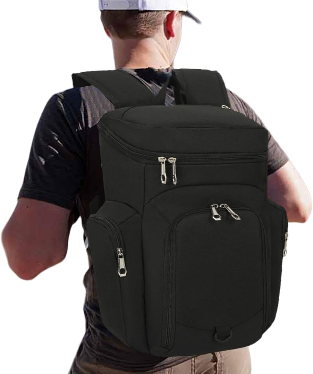 Draycor Men's 30L Large Basketball Sports Backpack, waterproof bottom, blue and orange fabric, front view.