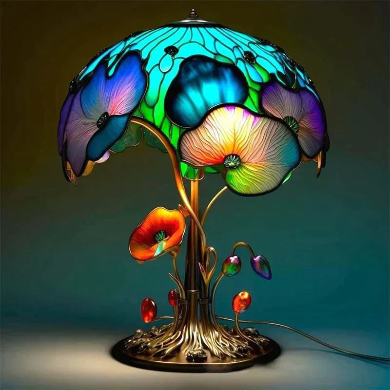 DreamGlow Stained Glass Accent Lamp providing warm mood lighting. Creates a relaxing atmosphere for bedroom or living room.