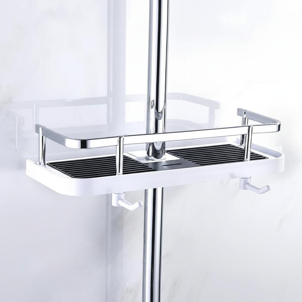 White suction cup shower shelf for bathroom, offering drill-free installation and storage