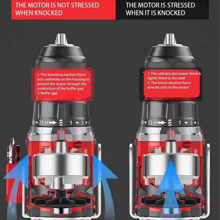 DrillMate 20V Cordless Brushless Impact Driver in action, driving screws into wood