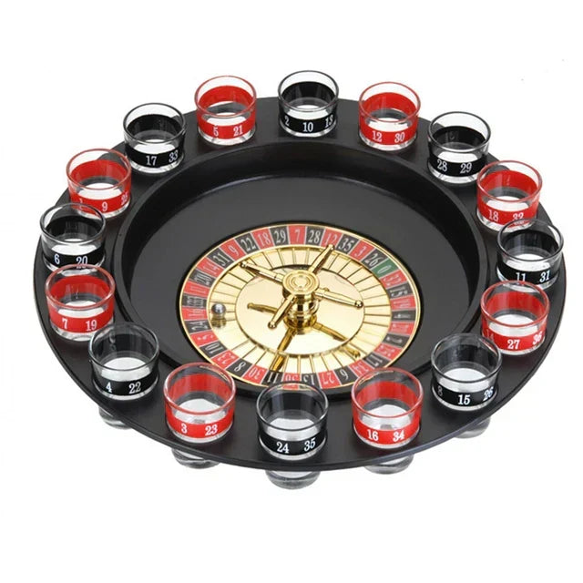 Drink Roulette party game with spinning wheel & 16 shot glasses for adult fun.
