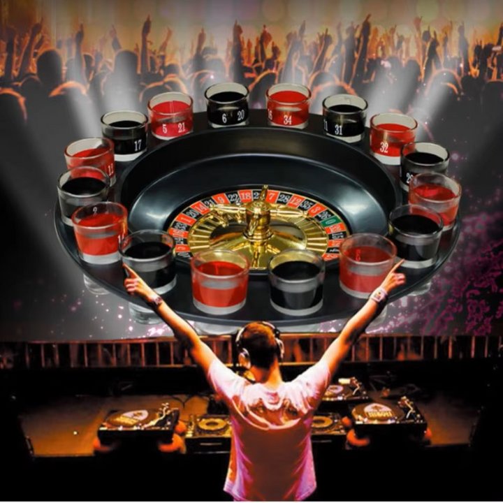 Complete Drink Roulette set featuring wheel, 16 numbered shot glasses, an adult party gift.