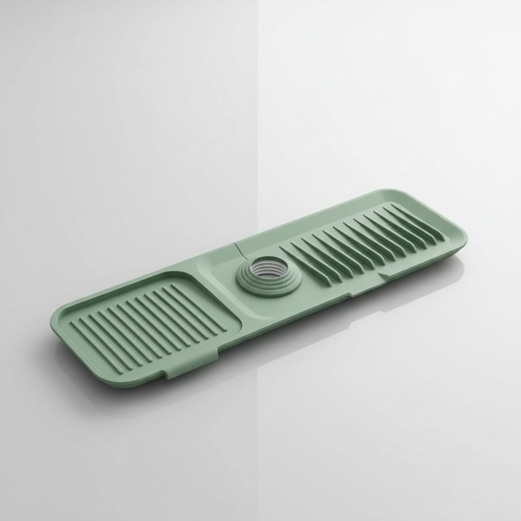 Green silicone faucet splash catcher by DryShield, an essential home utility for wet areas