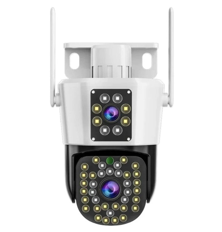 Dual Lens Outdoor Security Camera System, weatherproof, for home surveillance & peace of mind. 2-pack.