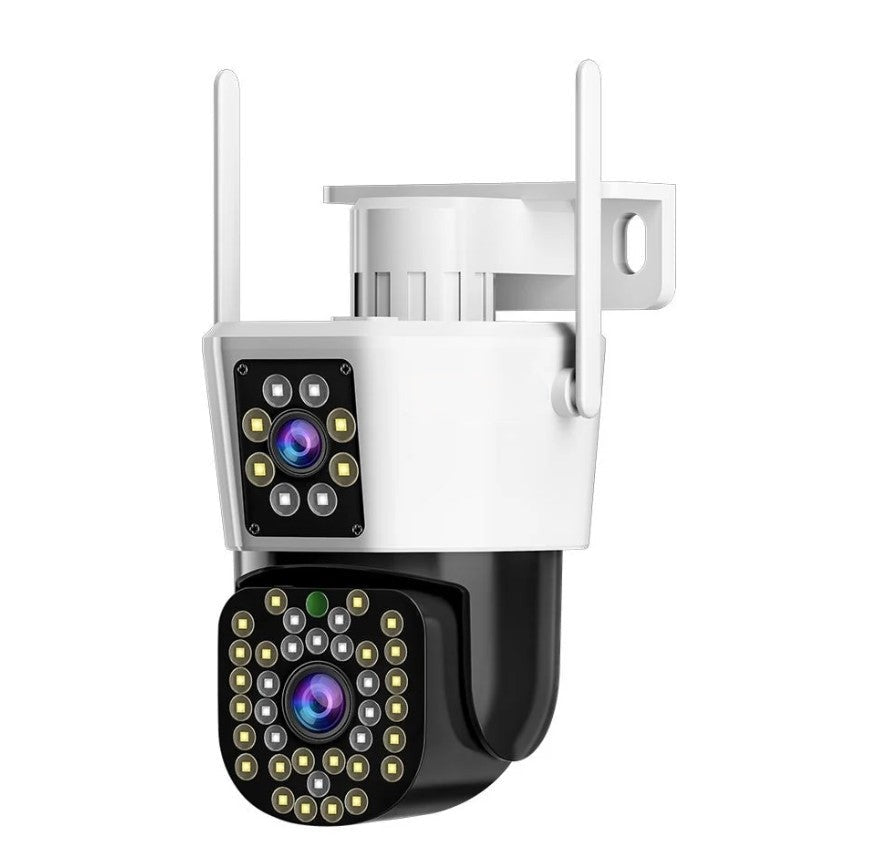Two weatherproof outdoor security cameras with dual lens, HD night vision & motion detection for home.