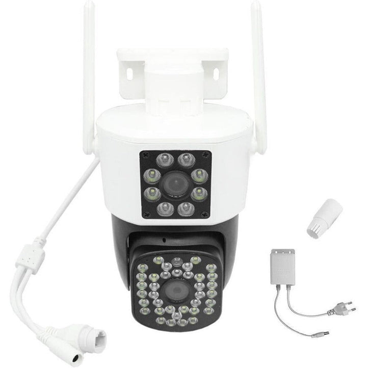 2-pack WiFi outdoor security cameras with dual lens, two-way audio & wide-angle surveillance system.