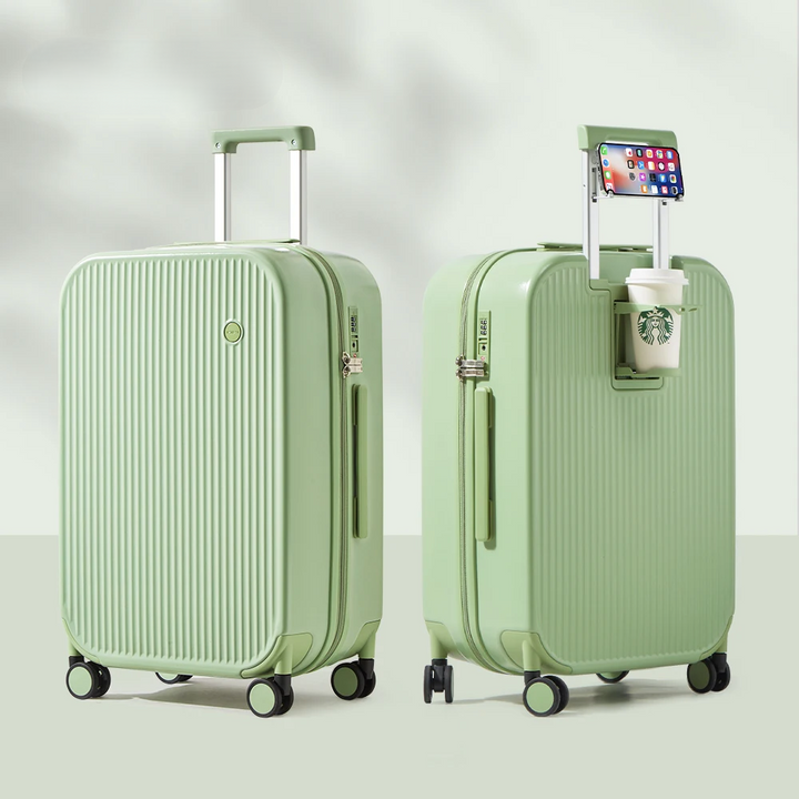 Hard-shell travel suitcase in an airport setting, showcasing its ease of mobility as spinner luggage.