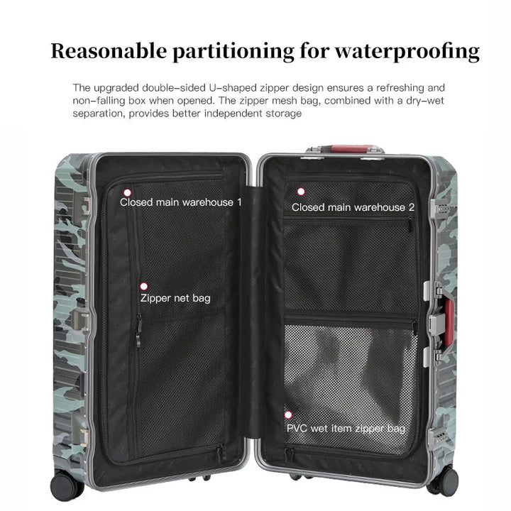 Sleek hard shell luggage with modern design, wide grip telescoping handle, and silent spinner wheels.