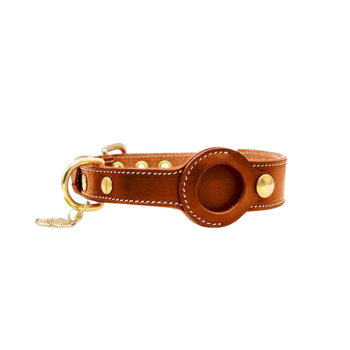 Durable leather pet collar with integrated AirTag holder for secure GPS tracking of dogs & cats. Adjustable for safety.