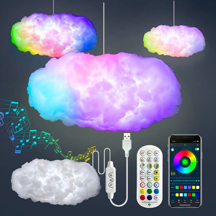 Atmospheric cloud lamp with vibrant LED lightning light. Music sync & color control for dynamic mood lighting & room decor.
