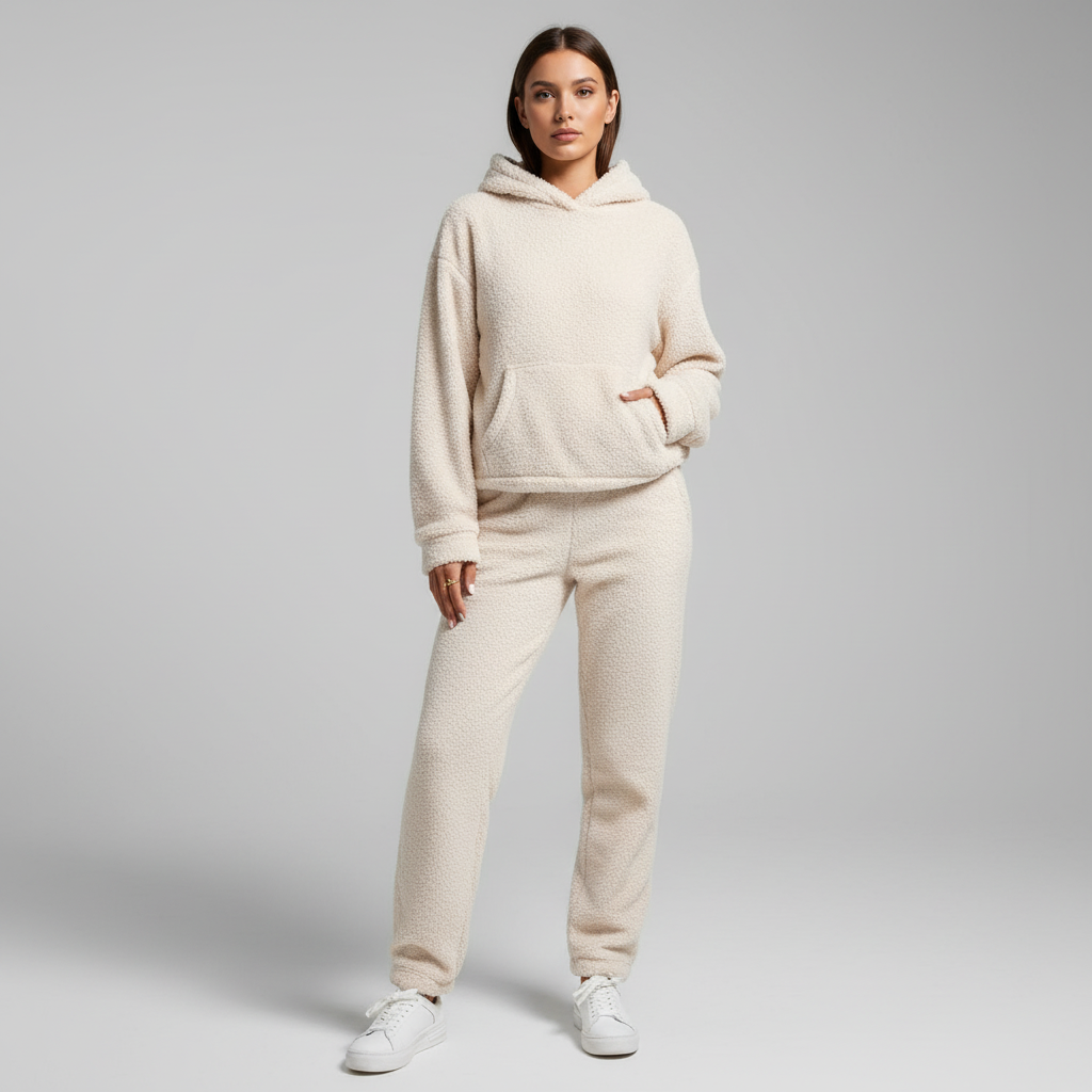 Comfortable Edith teddy fleece hooded set for women, versatile for casual wear or as pajamas.