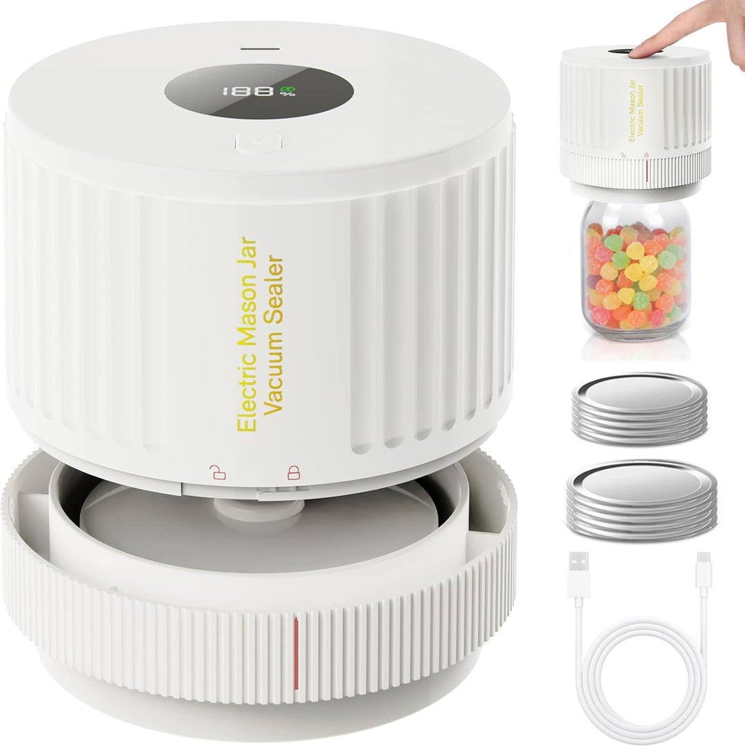 Electric mason jar vacuum sealer kit with various jar sizes, essential kitchen tool