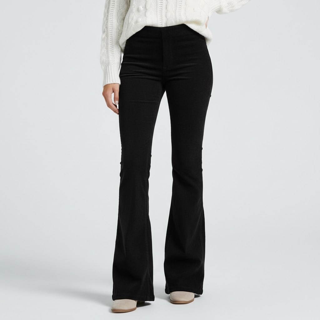 Close-up of the hem of Annemarie flared bell bottom trousers, showing comfortable fabric.