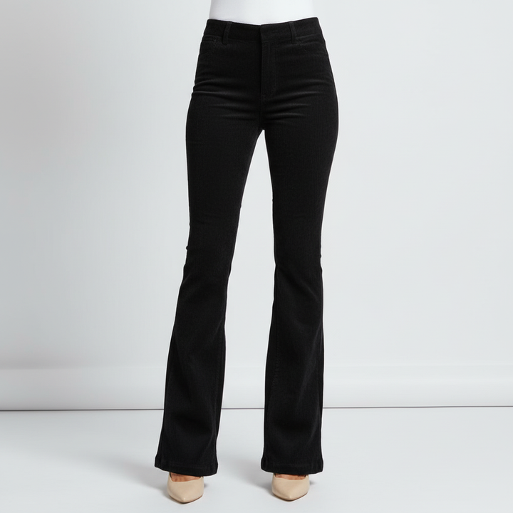 Close-up of the fabric texture of Elena flared pants, showcasing cotton blend quality.