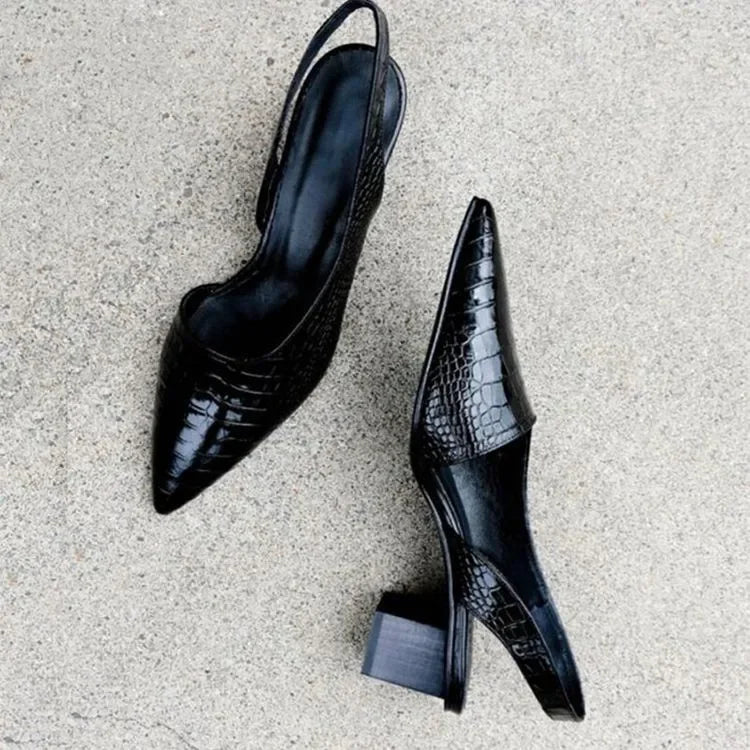High-angle shot highlighting the chic design of women's elegant slingback block heel pumps
