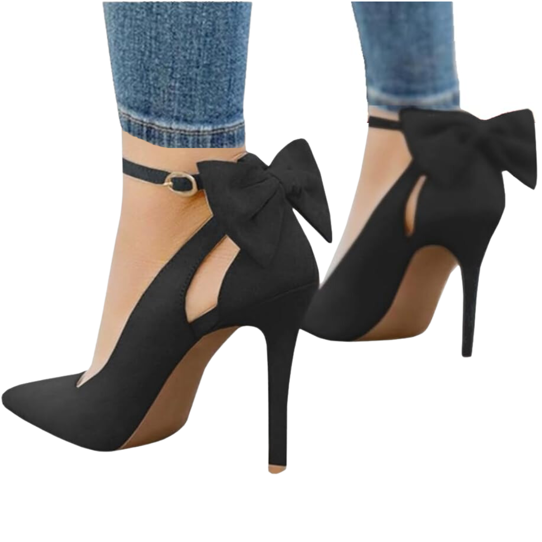 Elegant black stiletto pumps, pointed toe, bow strap, ideal for formal events & special occasions.