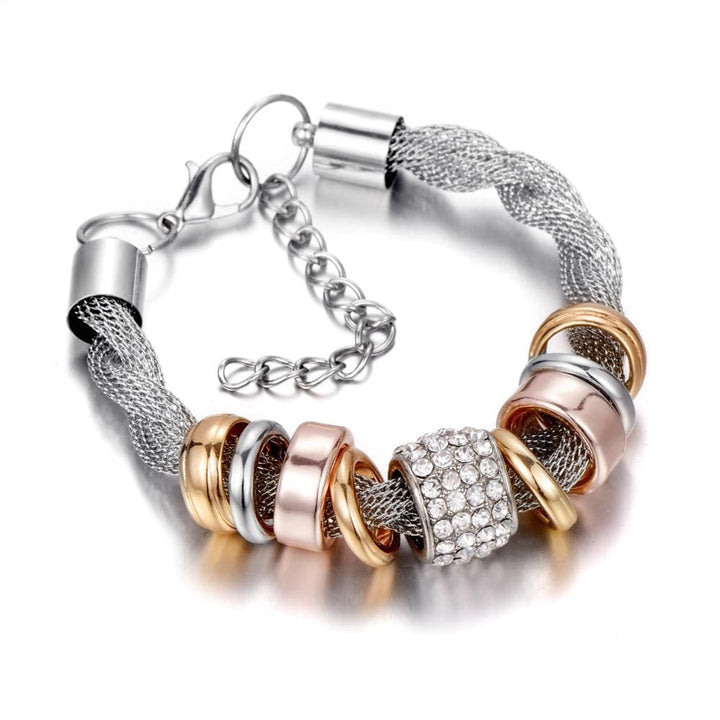 Set of three women's braided fashion bracelets in silver, gold, and rose gold, Zarina collection.