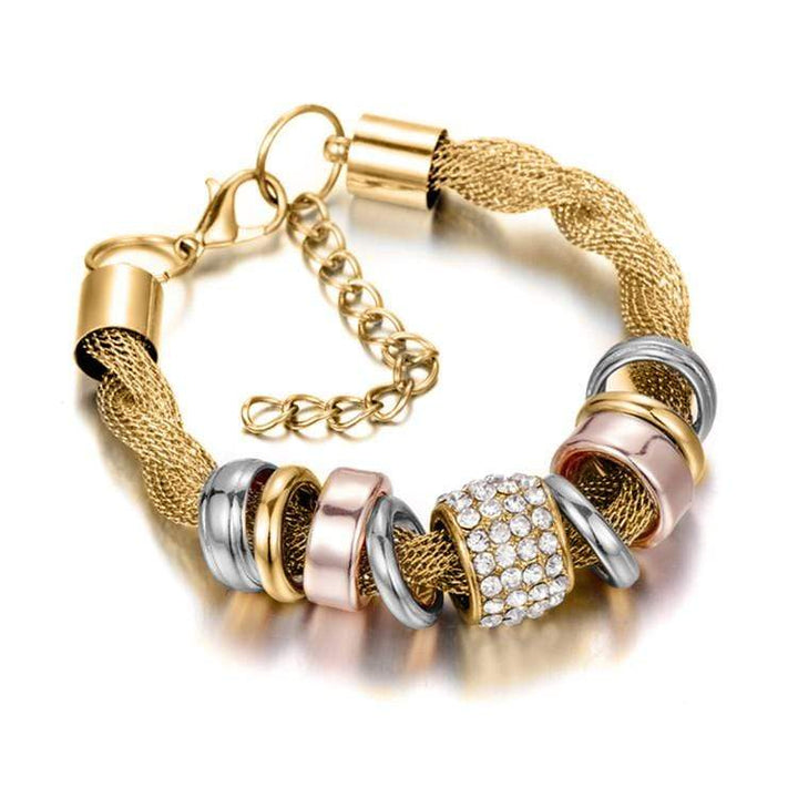 Collection of braided women's bracelets in silver, gold, and rose gold, modern jewelry set