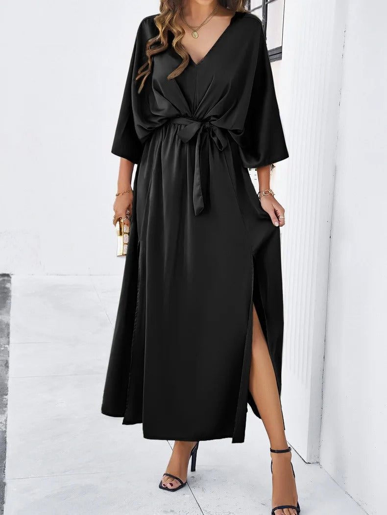 Stunning red V-neck flowy spring dress, a versatile women's midi dress for elegant casual fashion.