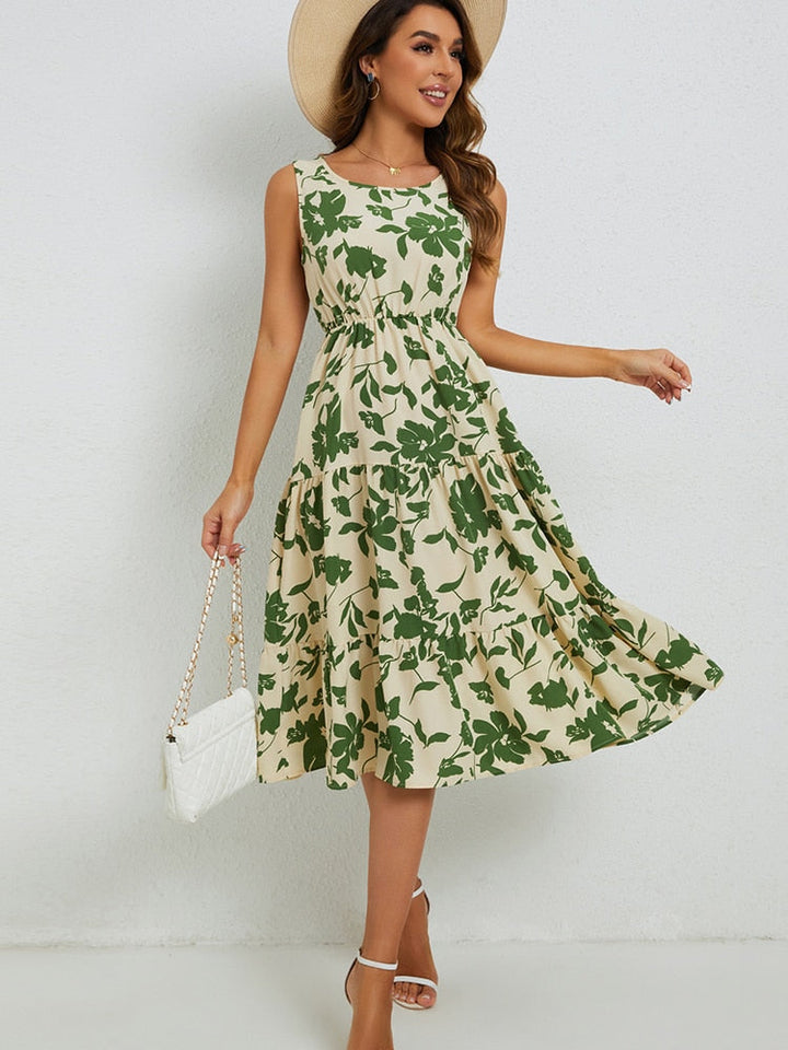 Elegant floral midi dress for women, perfect for summer garden parties or stylish vacation wear.