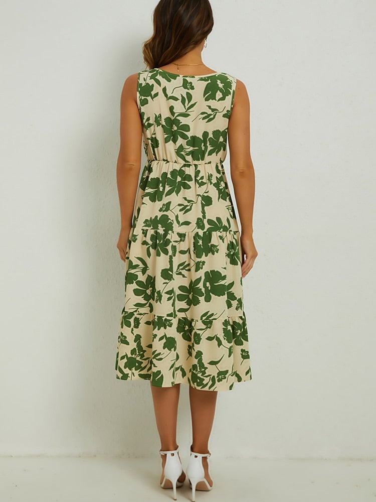 Beautiful sleeveless V-neck floral midi dress for women, light and airy, offering summer elegance and comfort.